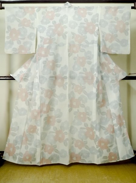 Photo1: M0808T Vintage Japanese women   White OJIYACHIJIMI / Linen. Camellia,   (Grade B) (1)