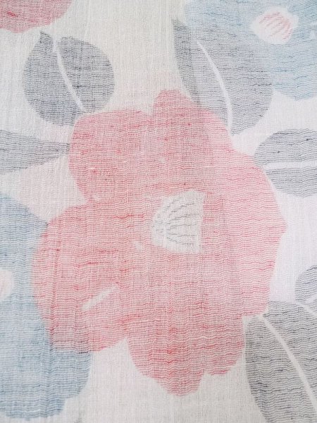 Photo5: M0808T Vintage Japanese women   White OJIYACHIJIMI / Linen. Camellia,   (Grade B) (5)