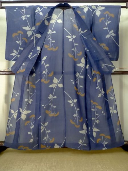 Photo2: M0808W Vintage Japanese women   Navy Blue OJIYACHIJIMI / Linen. Flower, Stains and other damages all over.  (Grade D) (2)