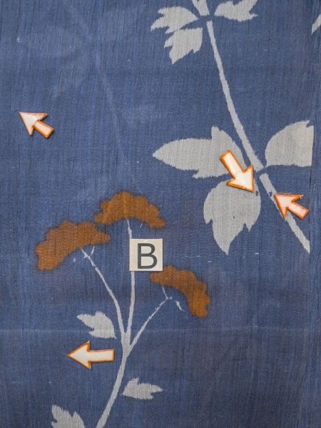 Photo15: M0808W Vintage Japanese women   Navy Blue OJIYACHIJIMI / Linen. Flower, Stains and other damages all over.  (Grade D) (15)