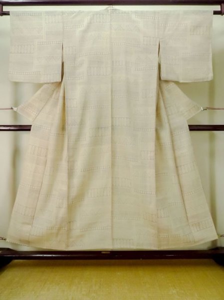 Photo1: M0809A Vintage Japanese women   Beige HITOE unlined / Wool. Lozenges,   (Grade D) (1)