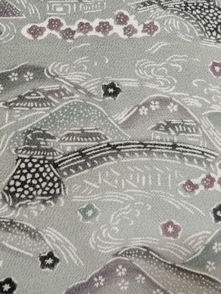 Photo7: M0809C Vintage Japanese women   Gray HITOE unlined / Silk. SAKURA cherry blossom,   (Grade B) (7)