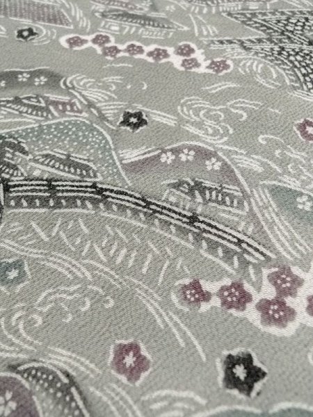 Photo10: M0809C Vintage Japanese women   Gray HITOE unlined / Silk. SAKURA cherry blossom,   (Grade B) (10)