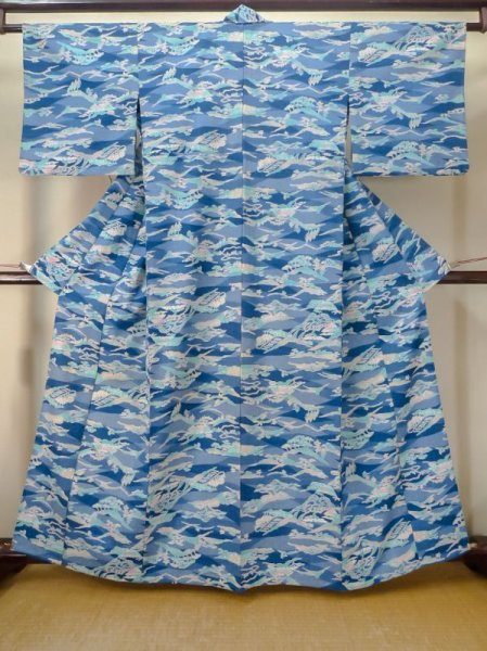 Photo1: M0809D Vintage Japanese women   Light Blue HITOE unlined / Synthetic. SAKURA cherry blossom,   (Grade D) (1)