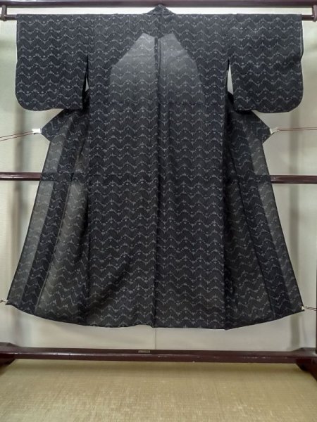 Photo1: M0818C Vintage Japanese women   Black HITOE unlined / Linen. Leaf, Based woven pattern: dragonfly  (Grade C) (1)