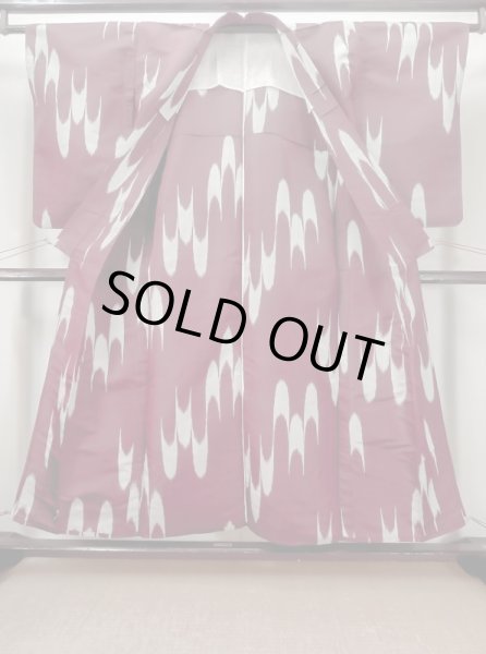 Photo2: M0818U Antique Japanese women   Dark Red HITOE unlined / Silk. Stripes,   (Grade D) (2)