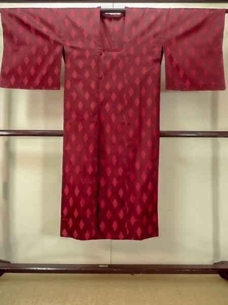 Photo1: M0829T Vintage Japanese women  Vivid Red MICHIYUKI outer coat / Synthetic. Stripes,   (Grade B) (1)