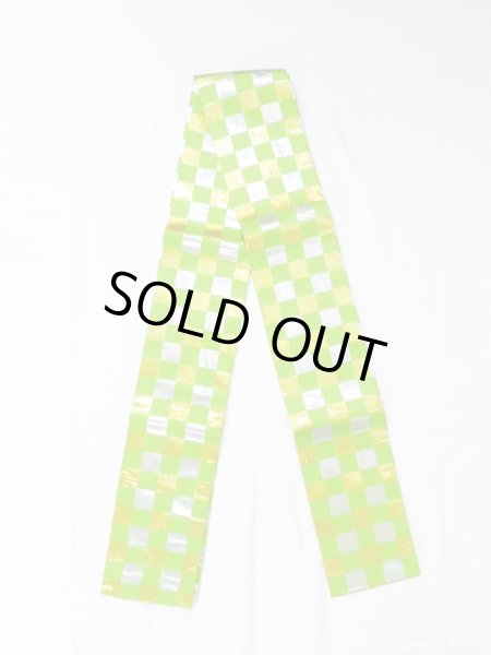 Photo1: M0901H Vintage Japanese Kimono  Shiny Yellowish Green HANHABA OBI half width sash Quadrangle Silk. (Grade B) (1)