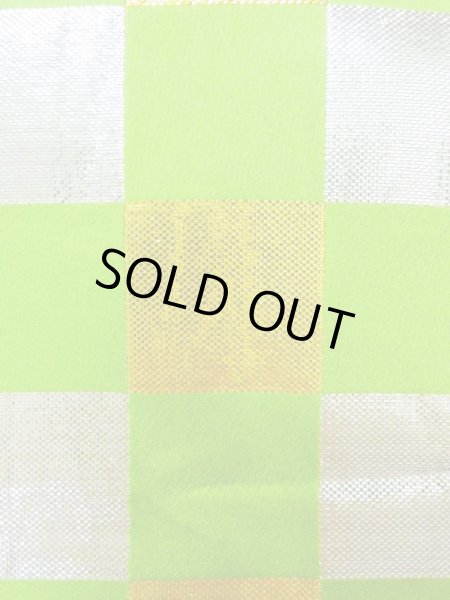 Photo3: M0901H Vintage Japanese Kimono  Shiny Yellowish Green HANHABA OBI half width sash Quadrangle Silk. (Grade B) (3)