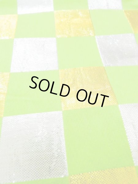 Photo6: M0901H Vintage Japanese Kimono  Shiny Yellowish Green HANHABA OBI half width sash Quadrangle Silk. (Grade B) (6)