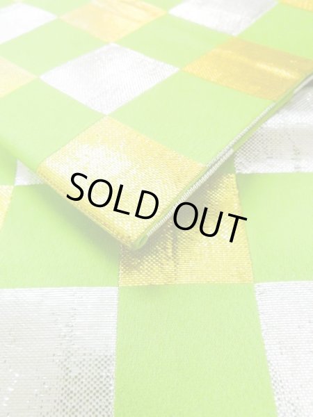 Photo8: M0901H Vintage Japanese Kimono  Shiny Yellowish Green HANHABA OBI half width sash Quadrangle Silk. (Grade B) (8)