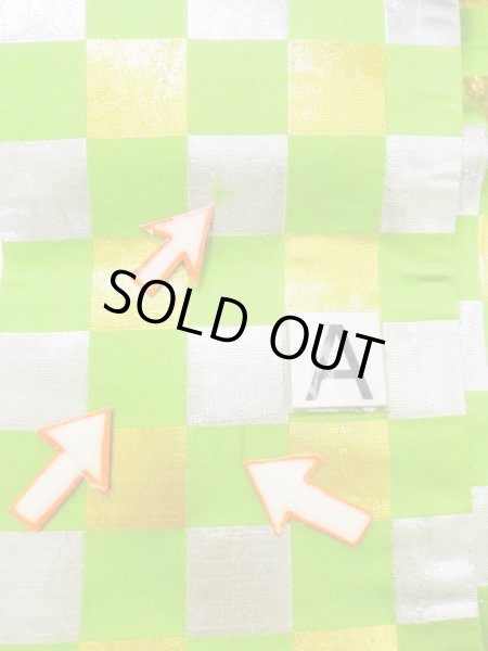 Photo9: M0901H Vintage Japanese Kimono  Shiny Yellowish Green HANHABA OBI half width sash Quadrangle Silk. (Grade B) (9)