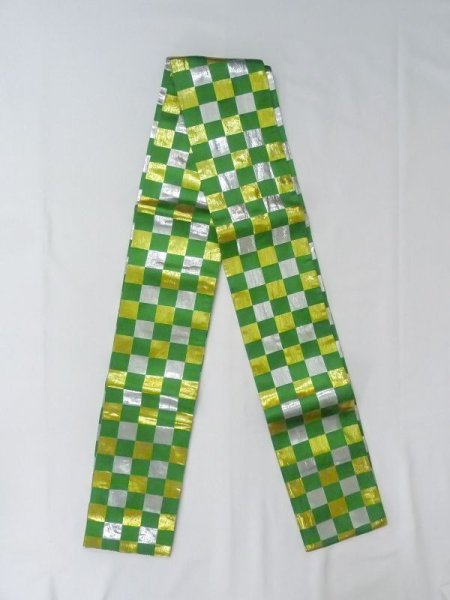 Photo1: M0901T Vintage Japanese Kimono  Shiny Green HANHABA OBI half width sash Plaid Checks Silk. (Grade C) (1)