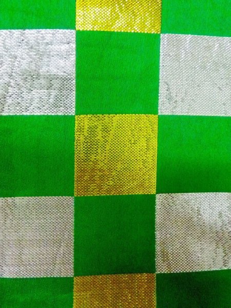 Photo3: M0901T Vintage Japanese Kimono  Shiny Green HANHABA OBI half width sash Plaid Checks Silk. (Grade C) (3)