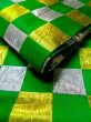 Photo9: M0901T Vintage Japanese Kimono  Shiny Green HANHABA OBI half width sash Plaid Checks Silk. (Grade C) (9)