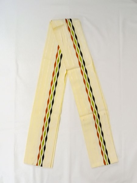 Photo1: M0901V Vintage Japanese Kimono   Off White HANHABA OBI half width sash Abstract pattern Silk. (Grade D) (1)