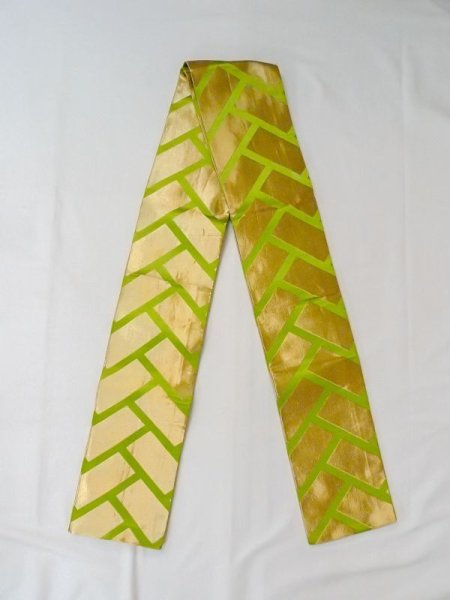 Photo1: M0902C Vintage Japanese Kimono   Yellowish Green HANHABA OBI half width sash Wickerworks Silk. (Grade B) (1)