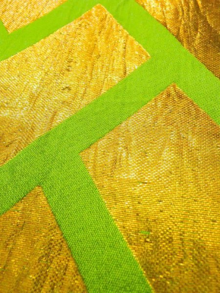 Photo6: M0902D Vintage Japanese Kimono   Yellowish Green HANHABA OBI half width sash Wickerworks Silk. (Grade B) (6)