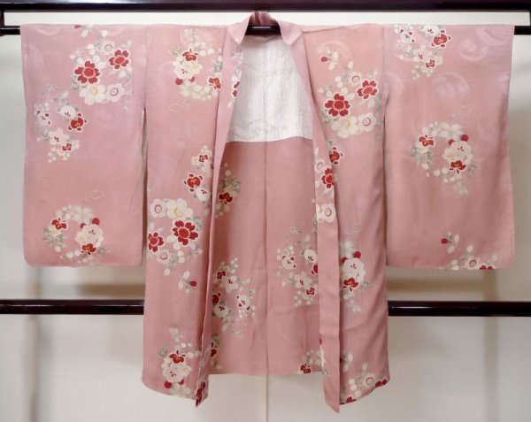 Photo1: M0907A Antique Japanese women   Pink HAORI short jacket / Silk. Flower, Stains/Soils all over.  (Grade C) (1)