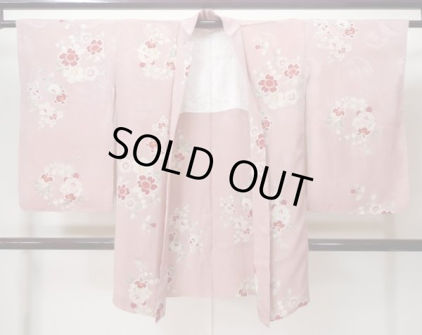 Photo1: M0907A Antique Japanese women   Pink HAORI short jacket / Silk. Flower, Stains/Soils all over.  (Grade C) (1)