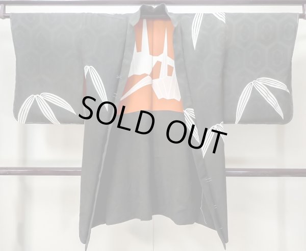 Photo1: M0907J Antique Japanese women   Black HAORI short jacket / Silk. Pine tree/branch/needle,   (Grade C) (1)