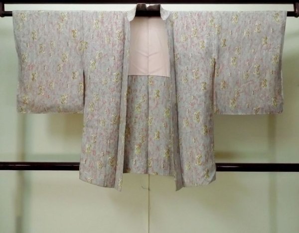 Photo1: M0907K Antique Japanese women Light Grayish Light Blue HAORI short jacket / Silk. Line,   (Grade C) (1)