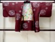 Photo1: M0907L Antique Japanese women  Dark Red HAORI short jacket / Silk. Peony, Fringed pink pattern  (Grade C) (1)