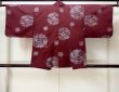 Photo2: M0907L Antique Japanese women  Dark Red HAORI short jacket / Silk. Peony, Fringed pink pattern  (Grade C) (2)