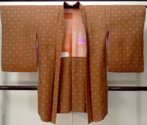 Photo1: M0907Q Antique Japanese women Dark Vivid Orange HAORI short jacket / Silk. Flower,   (Grade C) (1)