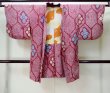 Photo1: M0907T Antique Japanese women Vivid Purplish Pink HAORI short jacket / Silk. Lozenges,   (Grade D) (1)