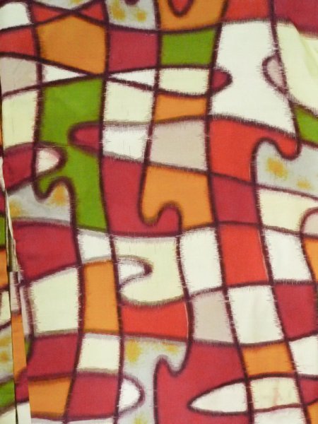 Photo3: M0907W Antique Japanese women  Vivid Multi Color HAORI short jacket / Silk. Abstract pattern   (Grade C) (3)