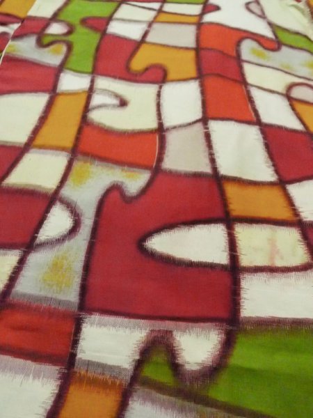 Photo9: M0907W Antique Japanese women  Vivid Multi Color HAORI short jacket / Silk. Abstract pattern   (Grade C) (9)