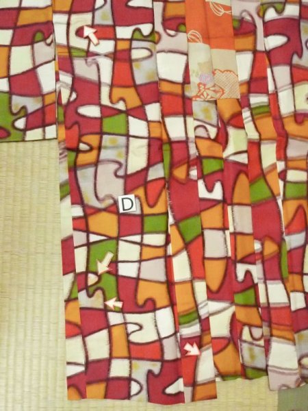 Photo19: M0907W Antique Japanese women  Vivid Multi Color HAORI short jacket / Silk. Abstract pattern   (Grade C) (19)