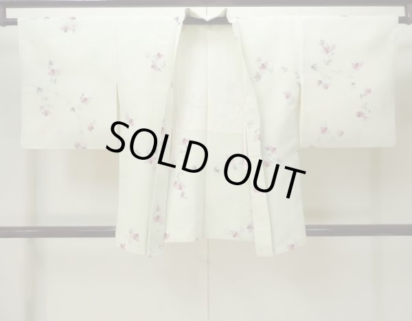 Photo1: M0908C Vintage Japanese women  Pale Yellowish Green HAORI short jacket / Synthetic. Flower,   (Grade C) (1)