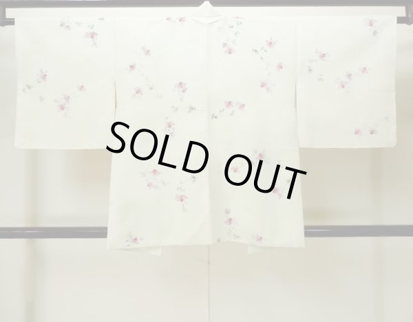 Photo2: M0908C Vintage Japanese women  Pale Yellowish Green HAORI short jacket / Synthetic. Flower,   (Grade C) (2)