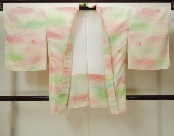 Photo1: M0908D Vintage Japanese women  Pale Pink HAORI short jacket / Synthetic. Abstract pattern   (Grade D) (1)