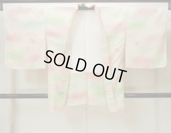 Photo2: M0908D Vintage Japanese women  Pale Pink HAORI short jacket / Synthetic. Abstract pattern   (Grade D) (2)