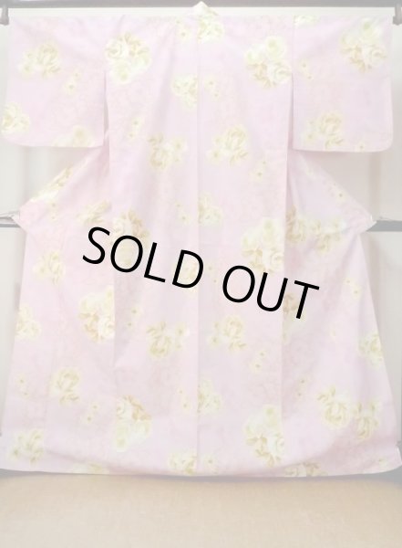 Photo1: M0914A Vintage Japanese women   Pink YUKATA summer(made in Other than Japan) / Cotton. Flower,   (Grade C) (1)