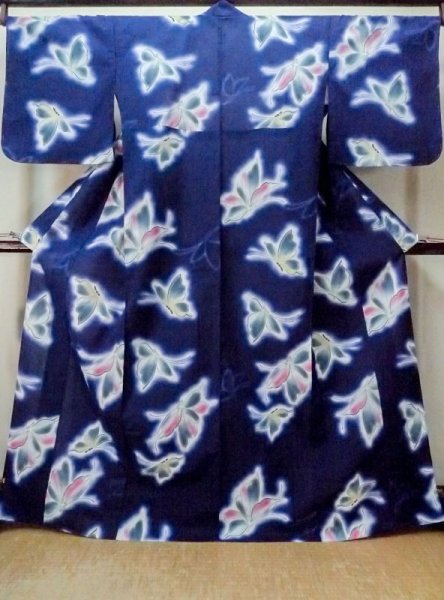 Photo1: M0914C Vintage Japanese women  Vivid Blue YUKATA summer(made in Japan) / Cotton. Butterfly   (Grade C) (1)