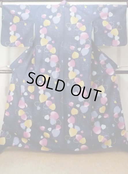 Photo1: M0914D Used Japanese women   Navy Blue YUKATA summer(made in Other than Japan) / Cotton.  Heart, Hello Kitty pattern  (Grade C) (1)