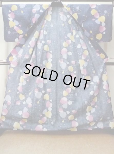 Photo2: M0914D Used Japanese women   Navy Blue YUKATA summer(made in Other than Japan) / Cotton.  Heart, Hello Kitty pattern  (Grade C) (2)