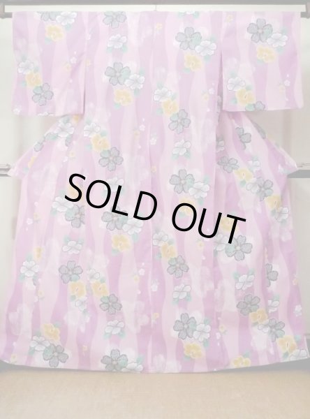 Photo1: M0914E Used Japanese women   Pink YUKATA summer(made in Other than Japan) / Cotton. Flower, Hibiscus pattern  (Grade C) (1)