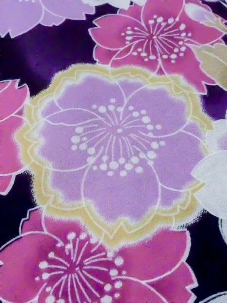 Photo10: M0914F Used Japanese women   Black YUKATA summer(made in Other than Japan) / Cotton. SAKURA cherry blossom   (Grade C) (10)