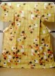 Photo1: M0914G Used Japanese women   Yellow YUKATA summer(made in Other than Japan) / Cotton. Flower,   (Grade D) (1)