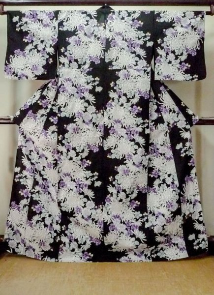 Photo1: M0914I Used Japanese women   Black YUKATA summer(made in Other than Japan) / Cotton. Chrysanthemum, Fringed pink ｐattern  (Grade A) (1)