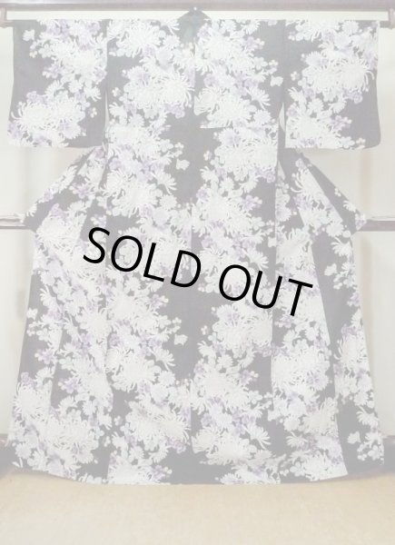 Photo1: M0914I Used Japanese women   Black YUKATA summer(made in Other than Japan) / Cotton. Chrysanthemum, Fringed pink ｐattern  (Grade A) (1)