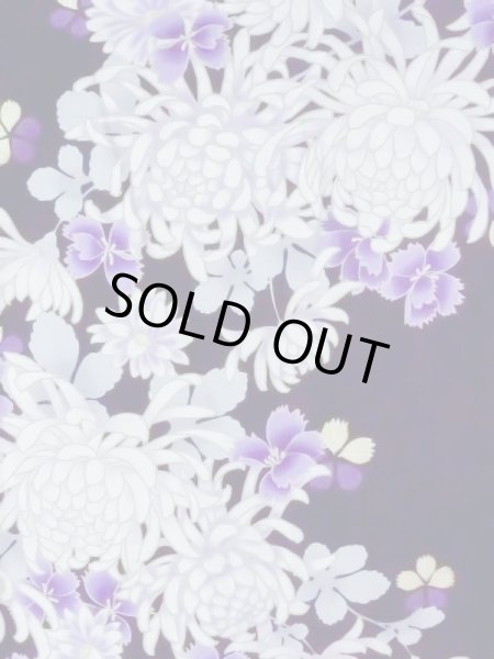 Photo3: M0914I Used Japanese women   Black YUKATA summer(made in Other than Japan) / Cotton. Chrysanthemum, Fringed pink ｐattern  (Grade A) (3)