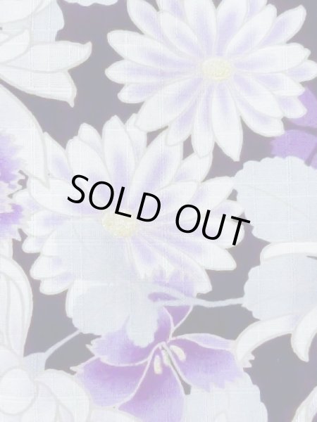 Photo7: M0914I Used Japanese women   Black YUKATA summer(made in Other than Japan) / Cotton. Chrysanthemum, Fringed pink ｐattern  (Grade A) (7)