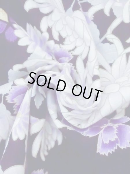 Photo11: M0914I Used Japanese women   Black YUKATA summer(made in Other than Japan) / Cotton. Chrysanthemum, Fringed pink ｐattern  (Grade A) (11)