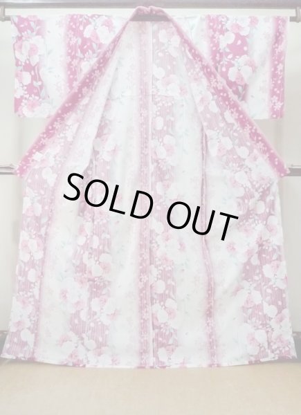 Photo2: M0914J Used Japanese women  Vivid Pink YUKATA summer(made in Other than Japan) / Cotton. Flower,   (Grade B) (2)